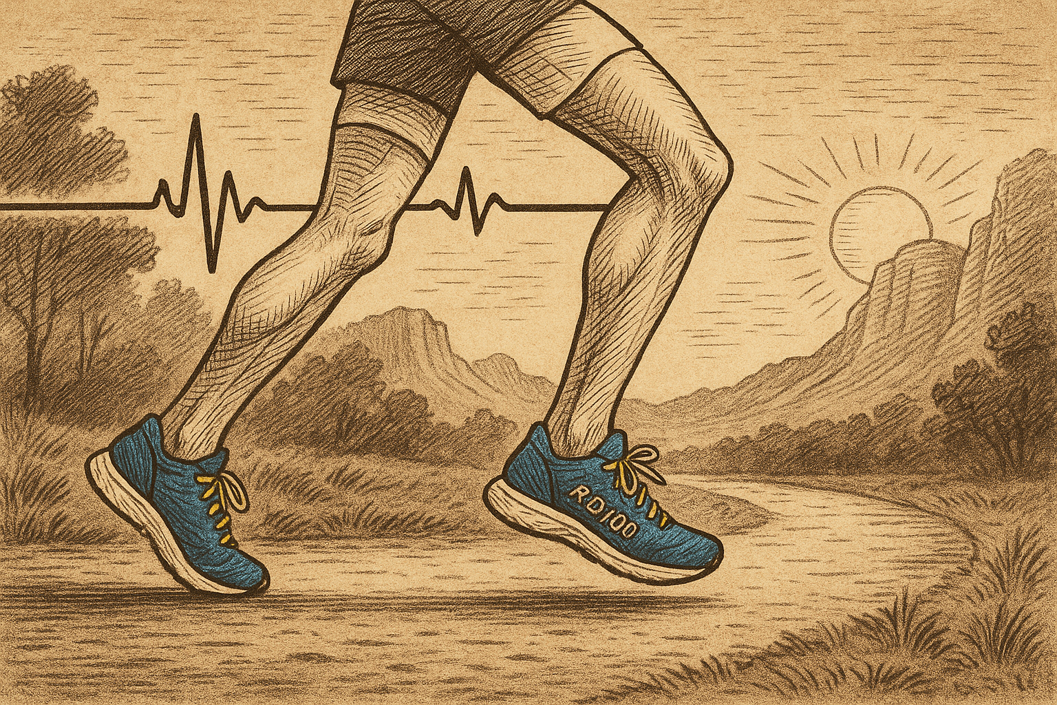Vintage pen-and-ink style illustration of a runner’s legs mid-stride wearing RD100 blue running shoes with yellow laces, running along a trail at sunrise with a steady ECG heart rate line symbolizing Zone 2 endurance training.