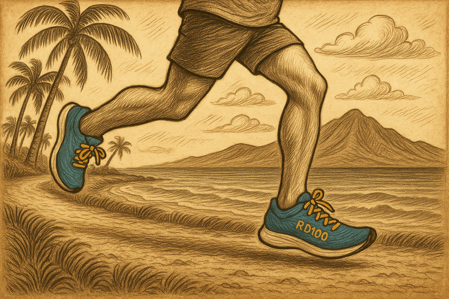 A vintage-style sepia illustration of a runner mid-stride along a Maui beachfront trail, with palm trees and volcanic mountains in the background. The runner wears white shorts, a blue shirt, and blue RD100 shoes. The textured cross-hatch style highlights the scene as part of a week 7 weight loss and running journey.